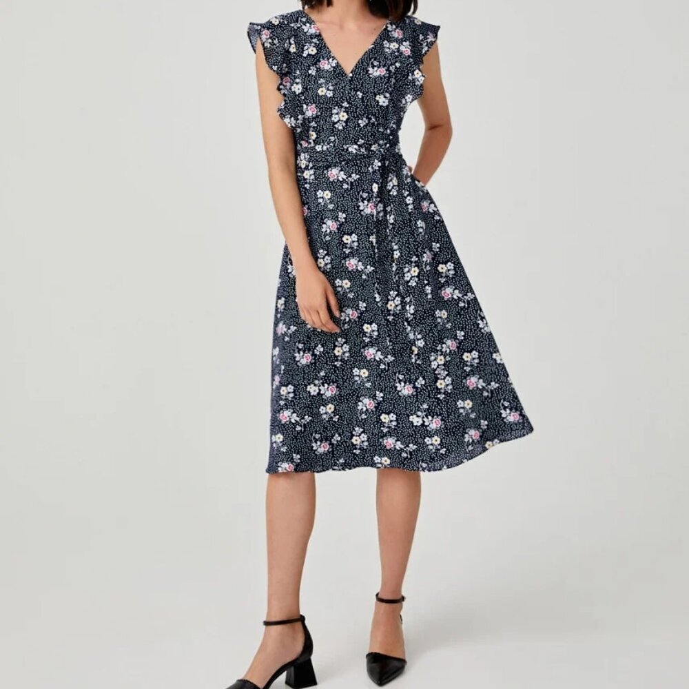 NWT LOVE BONITO Eliza Sash Tie Ruffle Sleeve Dress size Small S navy blue Floral
